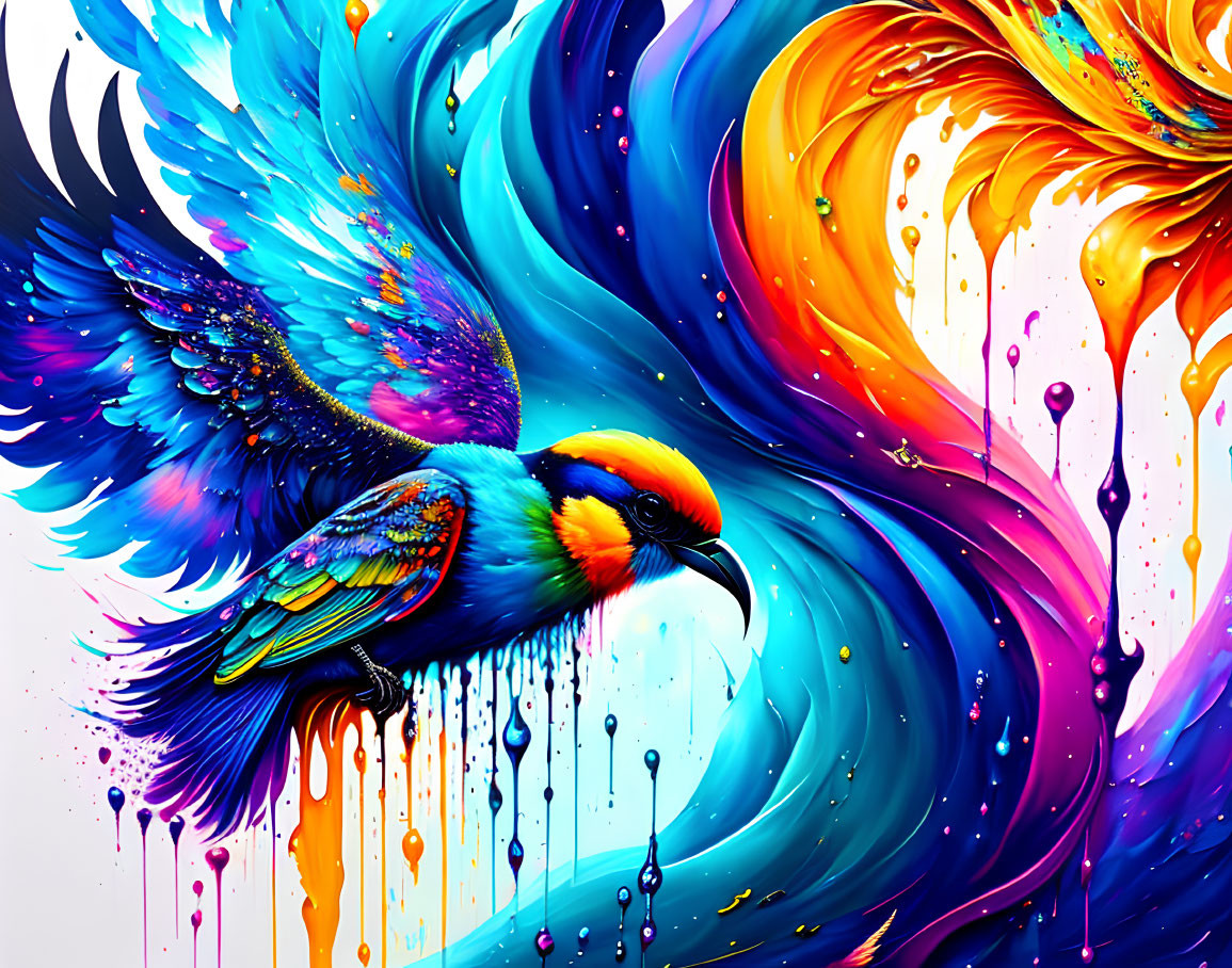 Colorful Bird in Mid-Flight with Abstract Patterns and Paint Drips