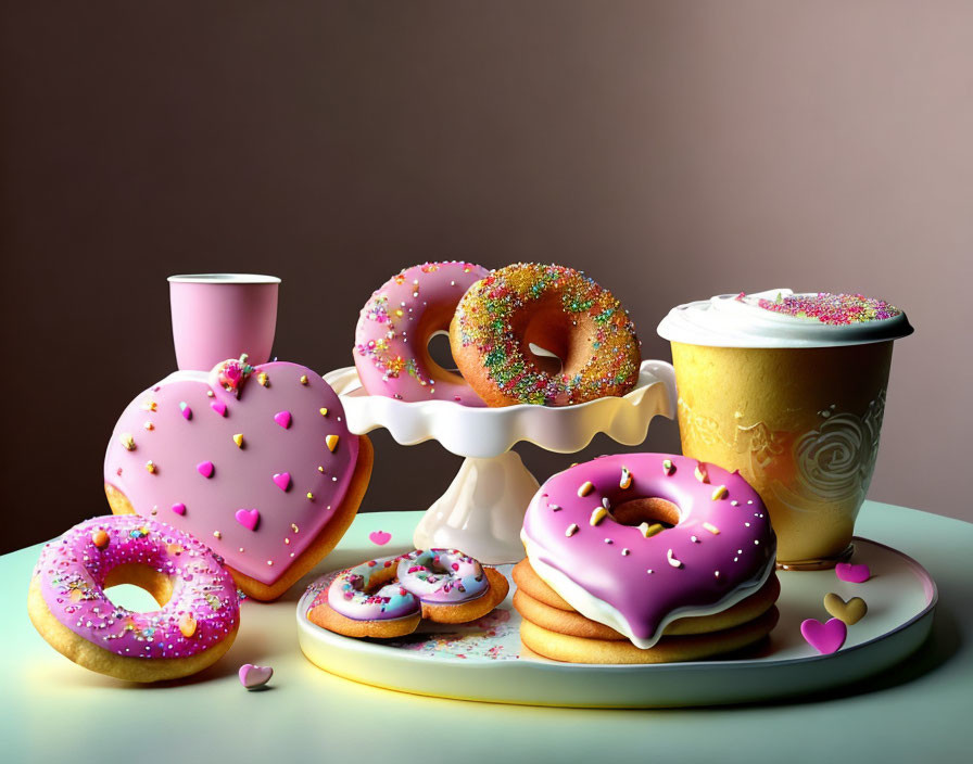 Colorful Heart Sprinkle Donuts, Coffee, and Heart Mug on Brown Table