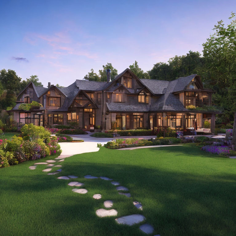 Luxurious House with Multiple Gables and Landscaped Gardens at Dusk