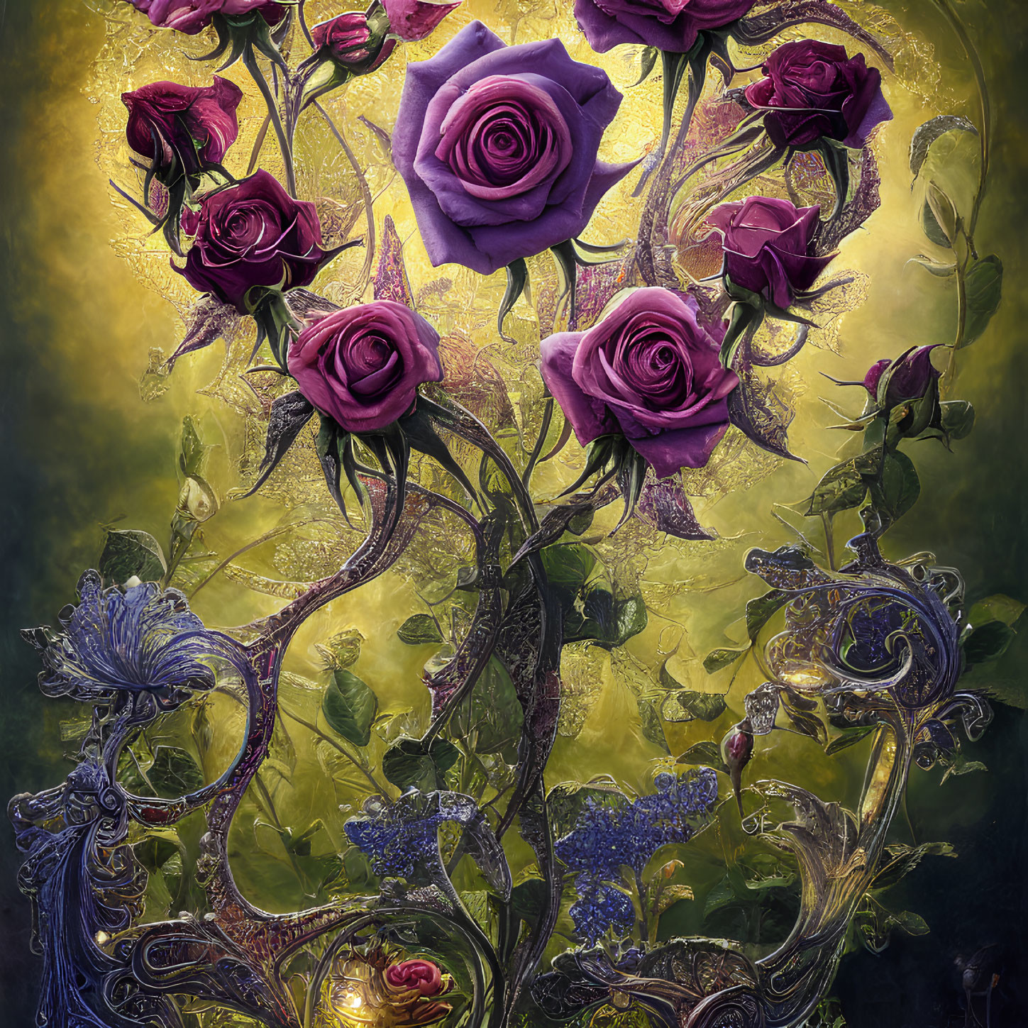 Purple Roses Entwined with Golden Filigree on Yellow Background