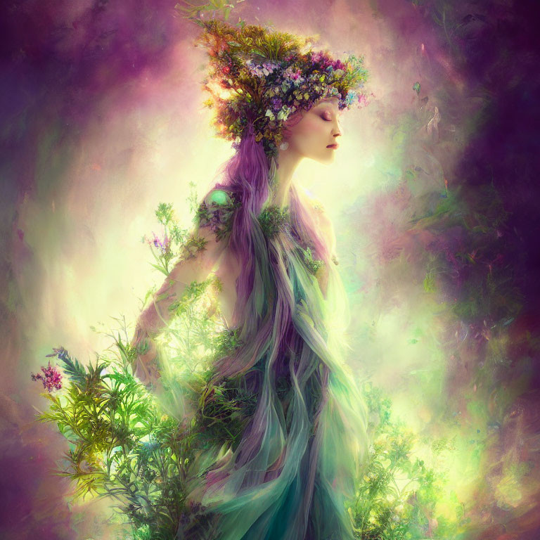 Colorful Floral Crown Woman Illustration in Nature Theme