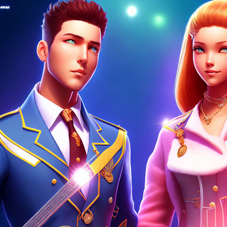 Stylized male and female animated characters in blue and pink outfits under bright light