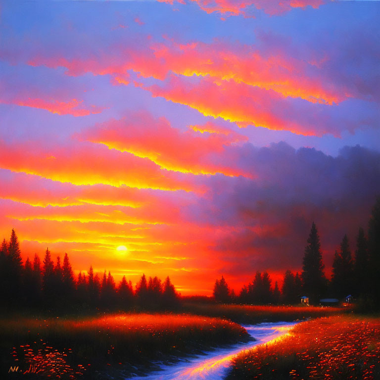 Vibrant sunset with orange and red clouds reflected in a river amid forest and meadow.