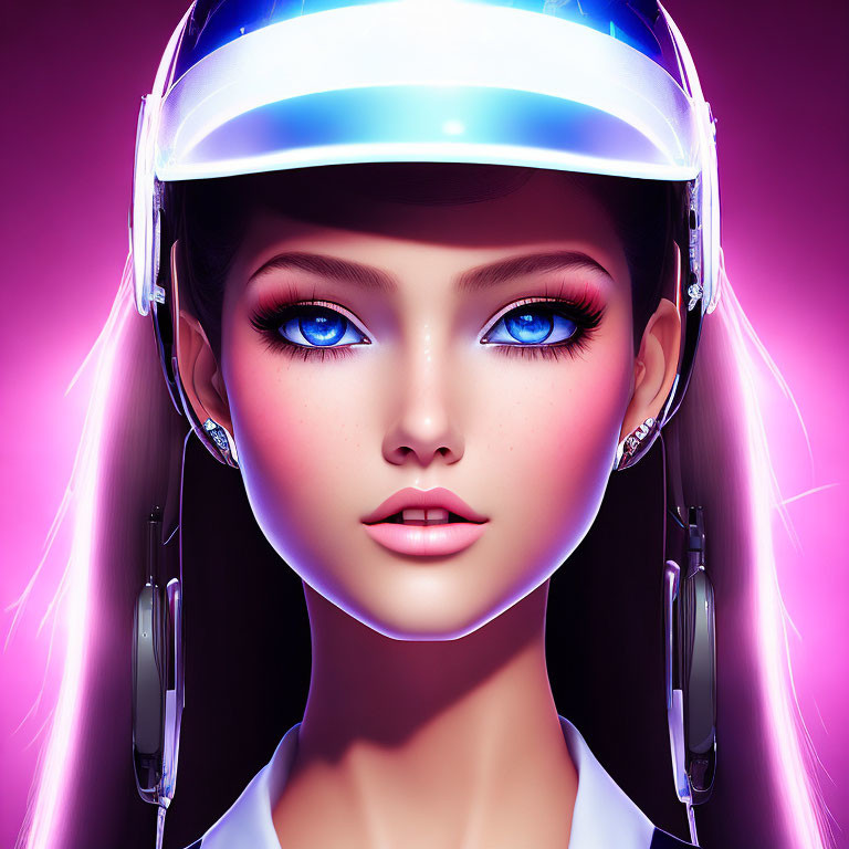 Futuristic female character with glowing blue eyes in visor and headset