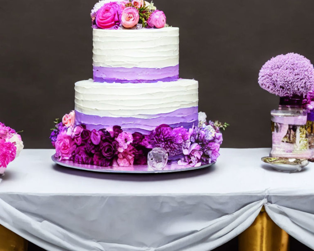 Elegant Three-Tiered Wedding Cake with Purple Flowers