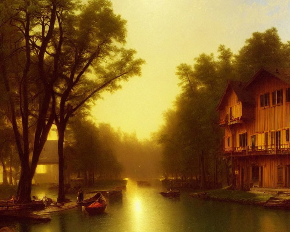Tranquil river landscape with golden hues, trees, wooden house, and floating boats