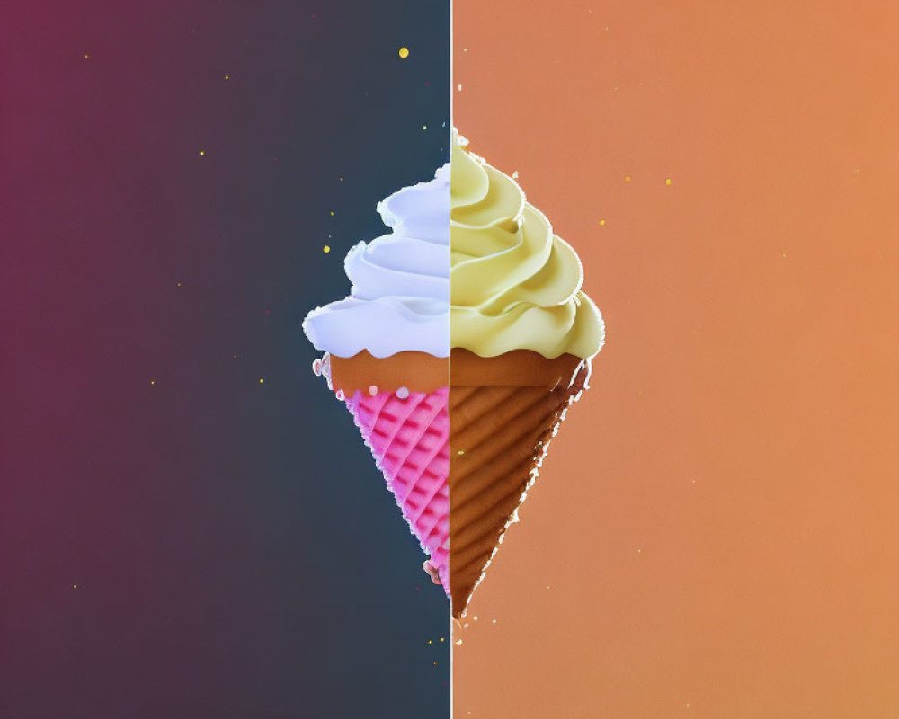 Split-image of half-melted ice cream cone on dual-toned background