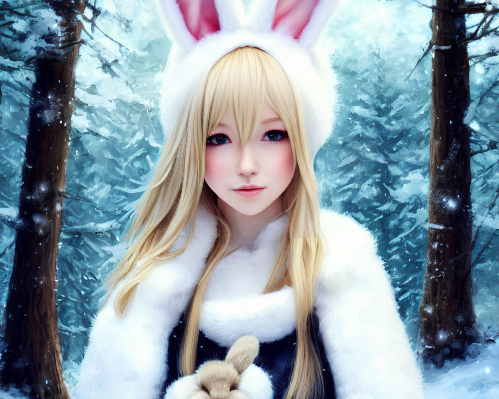 Digital artwork of woman with bunny ears in snowy forest wearing white fur coat