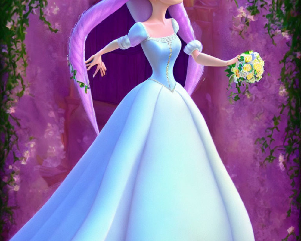 Pastel Purple-Haired Princess in White Gown with Bouquet