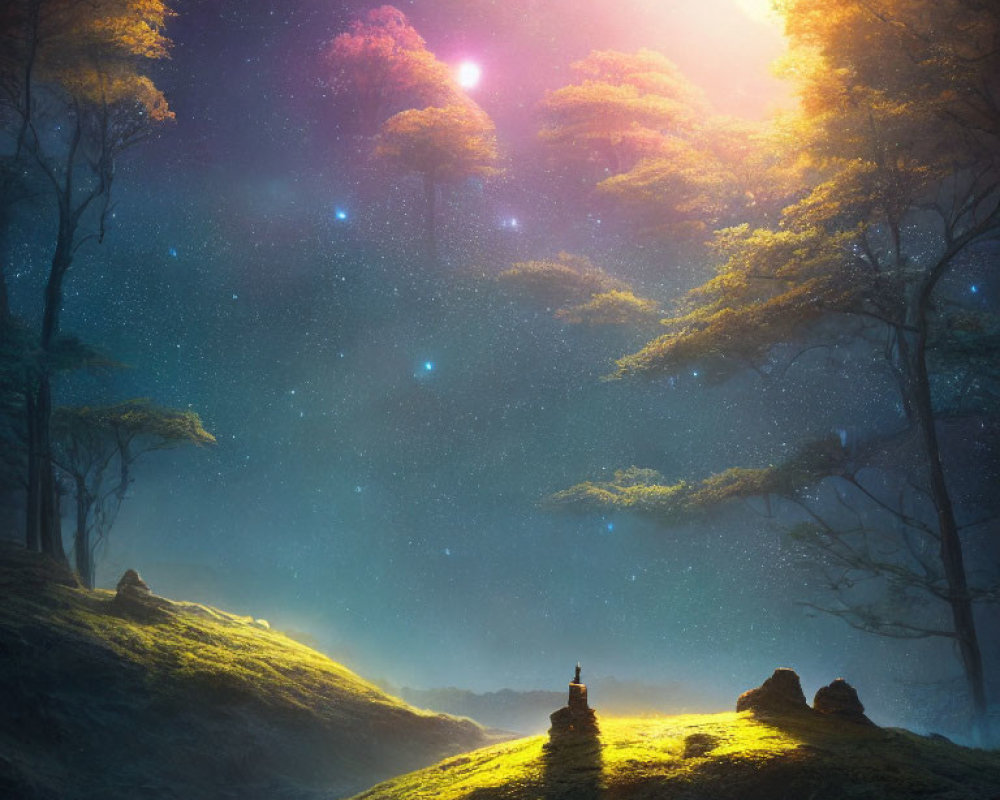 Mystical landscape with glowing starry sky, grassy hill, trees, pagoda, and
