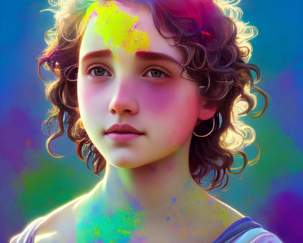 Vibrant digital art: curly-haired girl with paint splatters