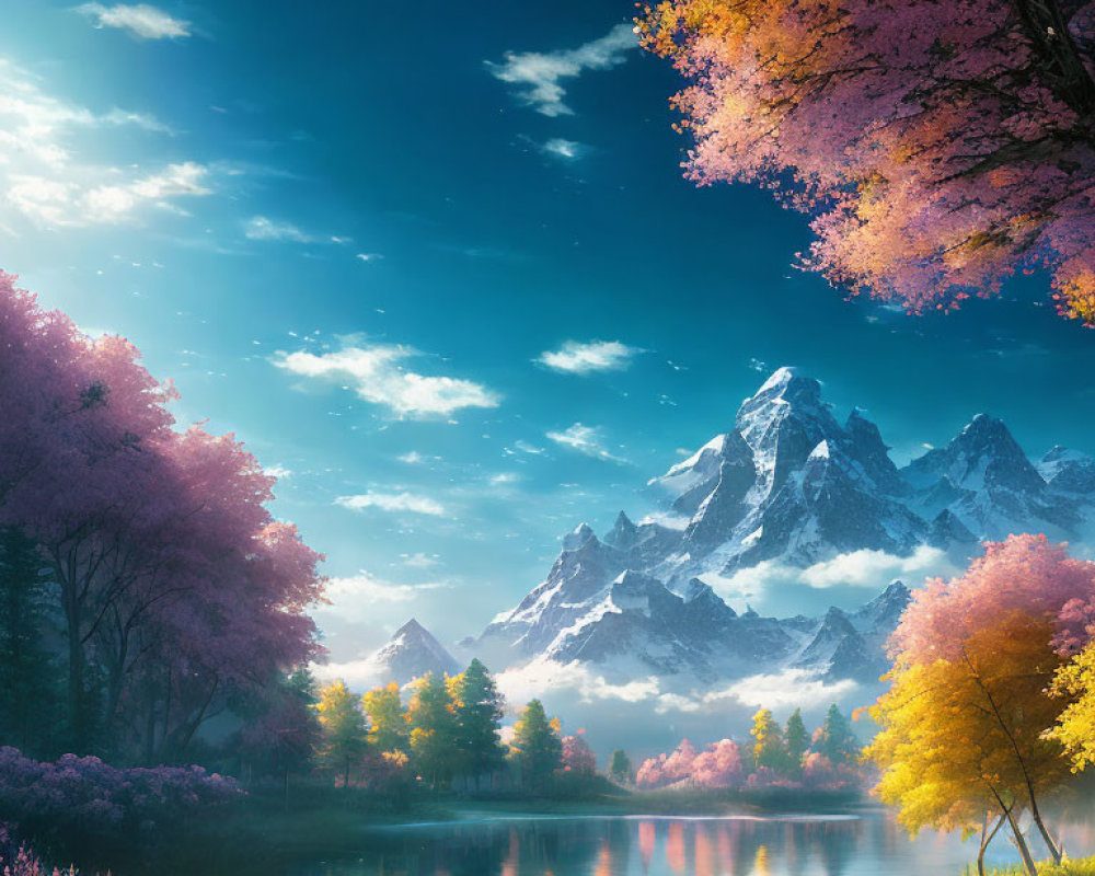 Tranquil lake with snowy mountains, pink and yellow trees