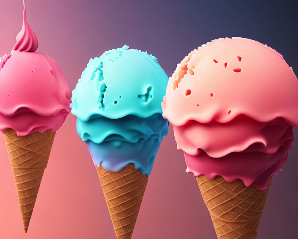 Vibrant ice cream cones on gradient background with melting scoops