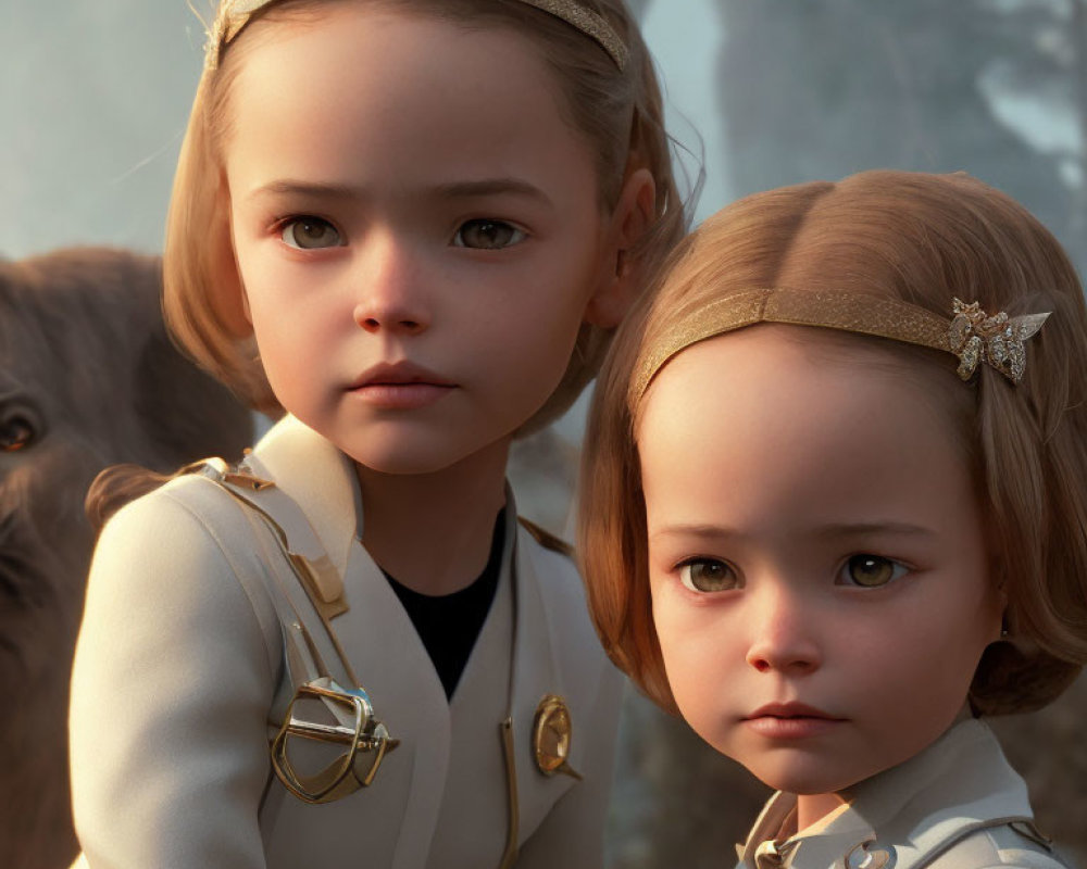 Two young girls in 3D animation with realistic features and matching outfits in a serene forest setting
