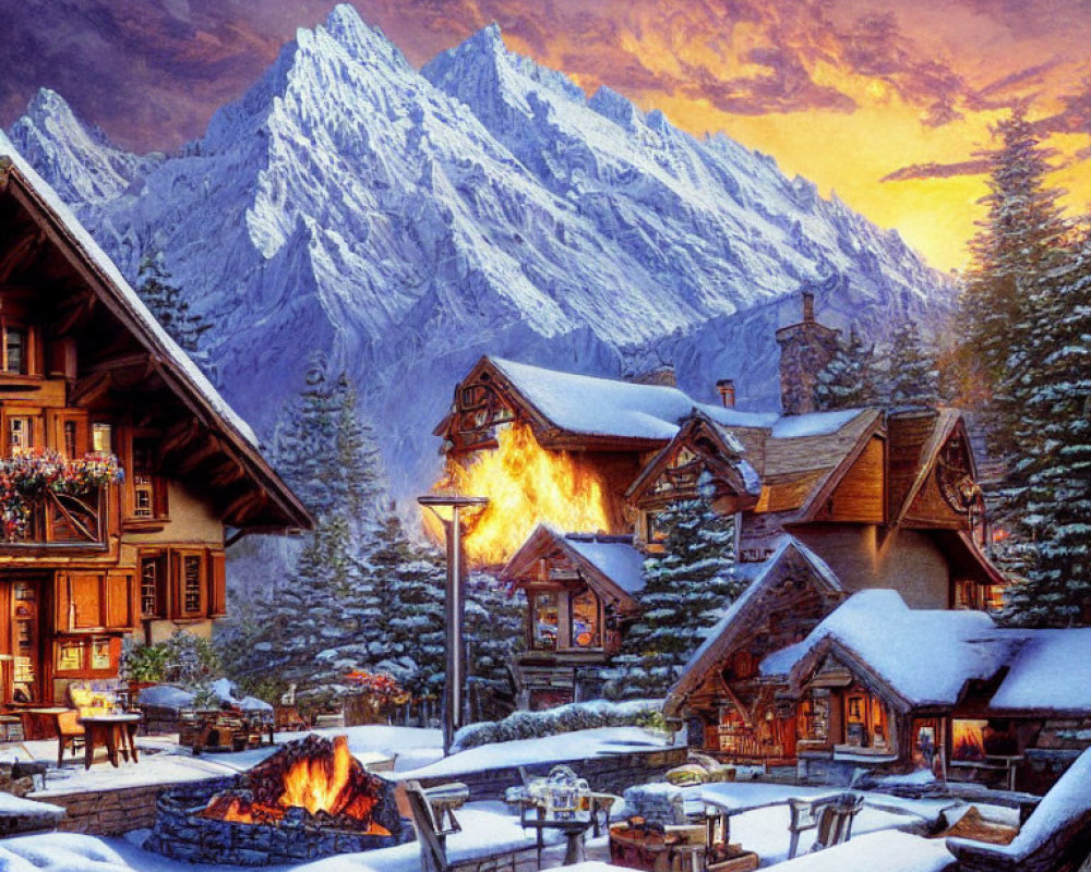 Snow-covered chalets with glowing windows and outdoor fires against a majestic mountain backdrop at sunset