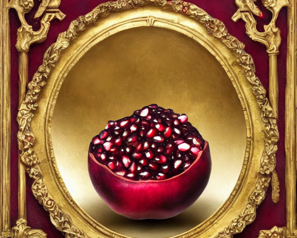 Half-Cut Pomegranate in Golden Frame on Red Background