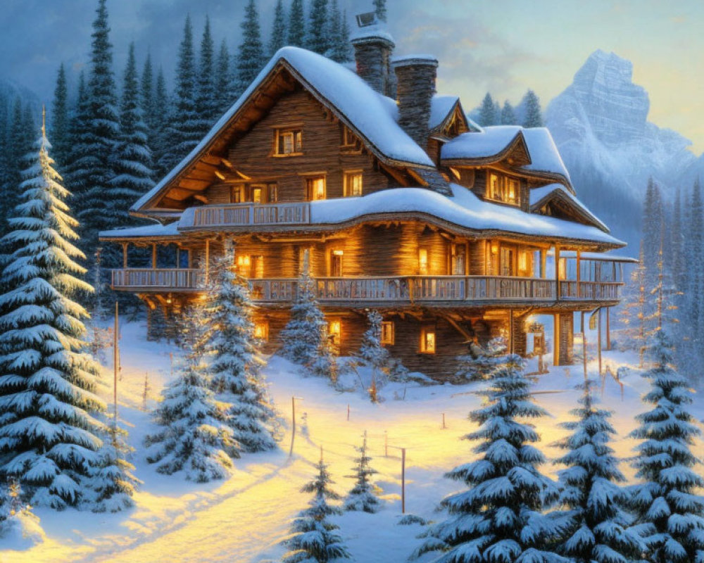 Snow-covered wooden cabin with lights in serene winter landscape