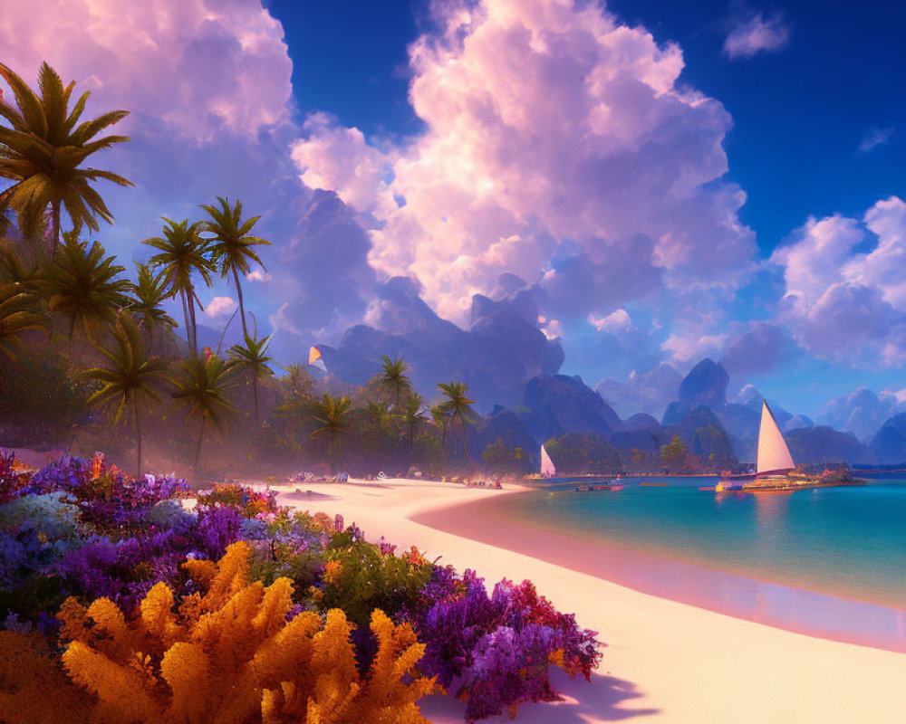 Colorful Beach Scene with Flora, Sailboats, Palm Trees, and Mountains