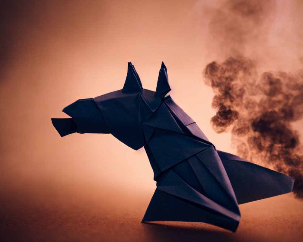 Origami Dog Figure with Smoke on Warm Background
