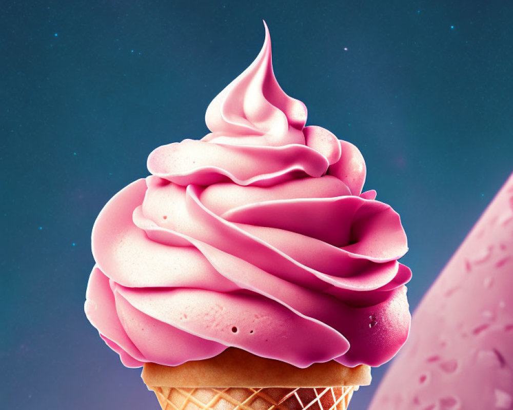 Pink ice cream cone under starry night sky with pink surface