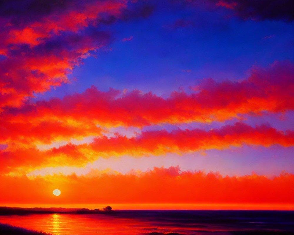 Vivid sunset painting with red and blue skies reflected on water