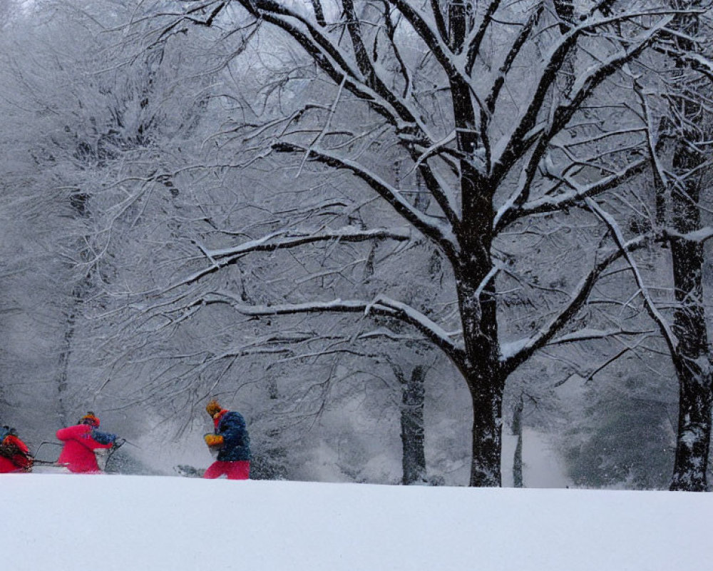 Three individuals in colorful winter attire walking in snowy landscape.