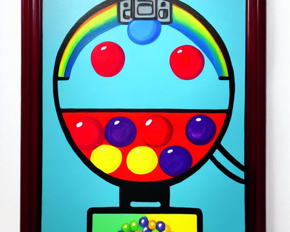 Vibrant gumball machine artwork with rainbow colors and gumballs on wall