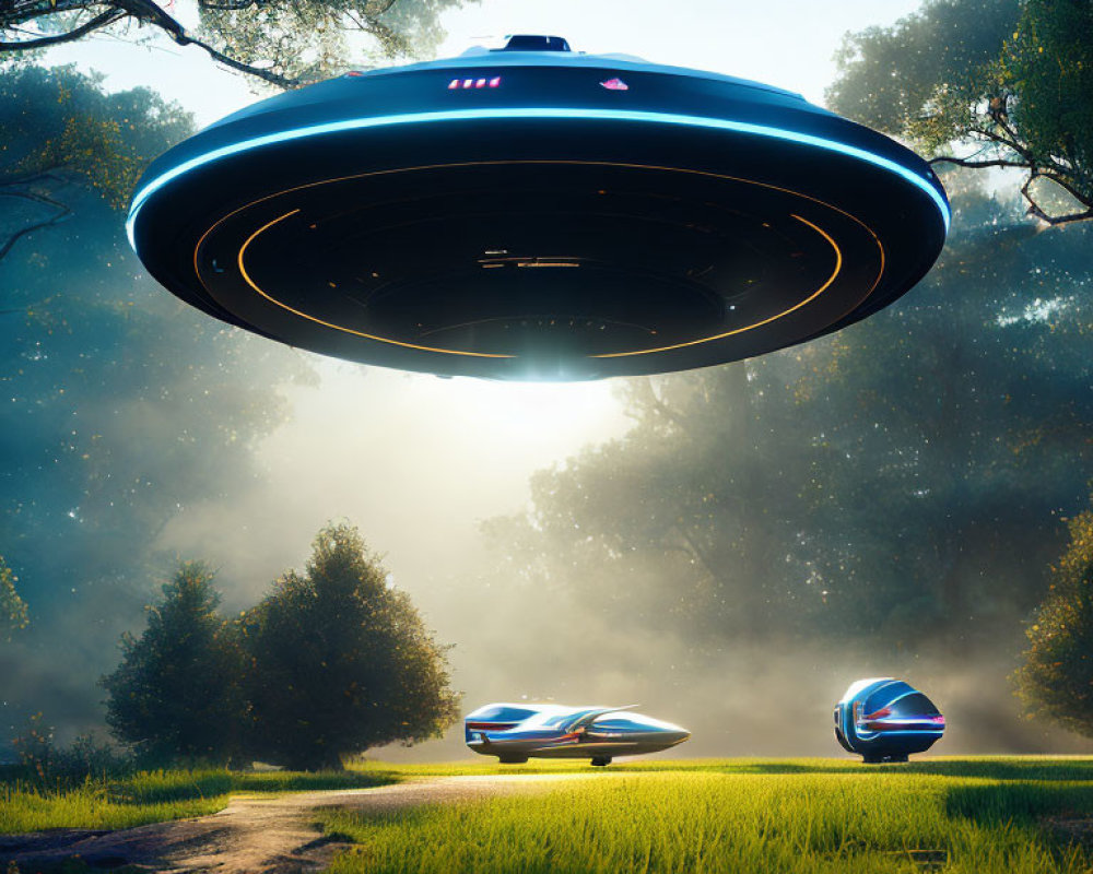 Mysterious UFO Hovering Over Forest Path with Flying Saucers