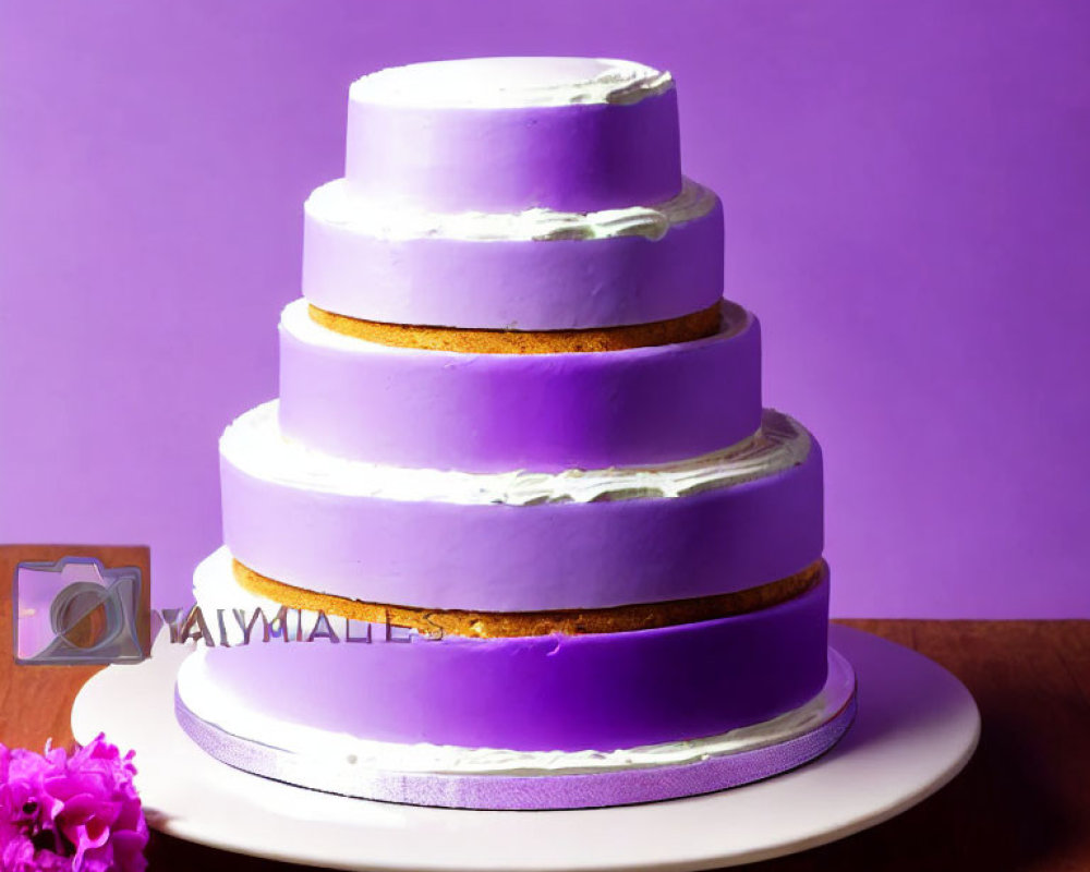 Three-Tiered Purple Ombre Cake with White Frosting on White Stand
