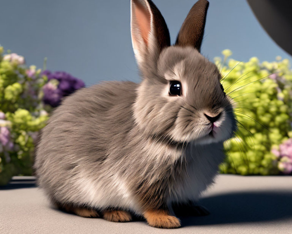 Fluffy gray rabbit with large ears in bright light among purple flowers