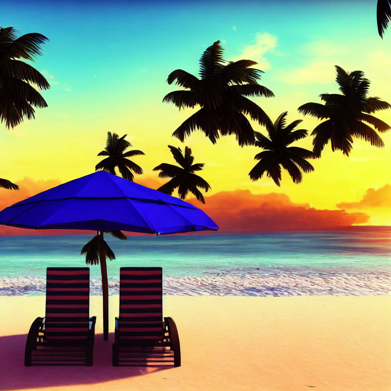 Beach chairs, umbrella, palm trees on sandy beach at sunset