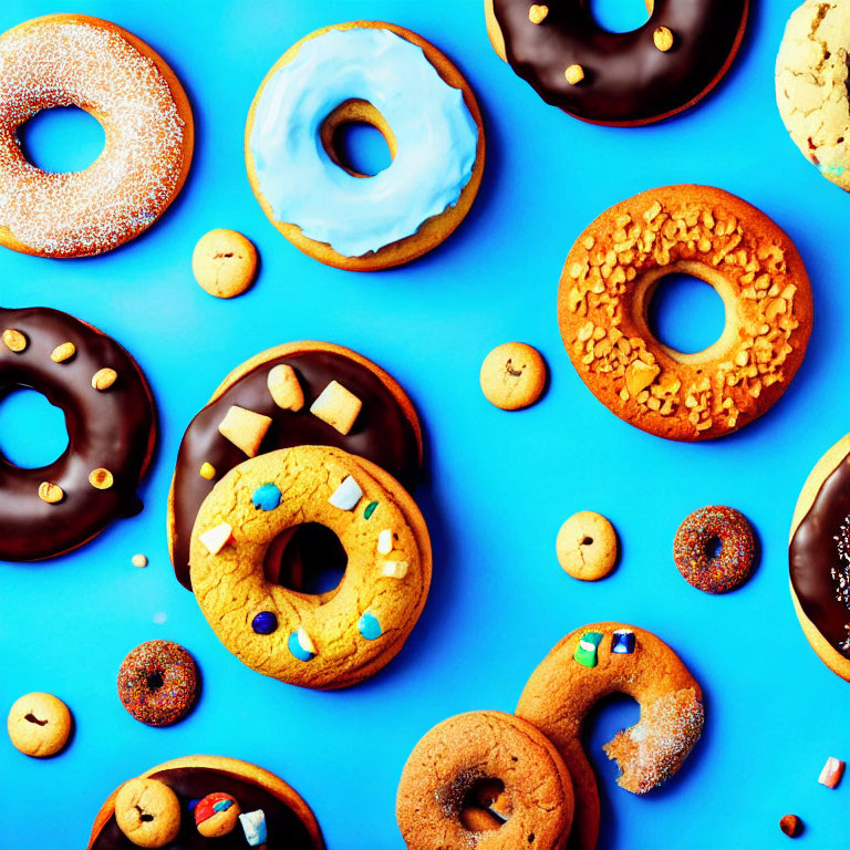 Assorted Donuts and Cookies with Various Toppings on Bright Blue Background