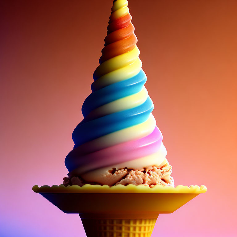 Colorful Rainbow Swirl Soft Serve Ice Cream Cone on Gradient Background