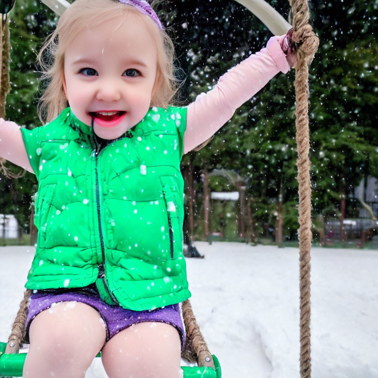Toddler in Green Vest Swinging on Rope Swing with Snowflakes