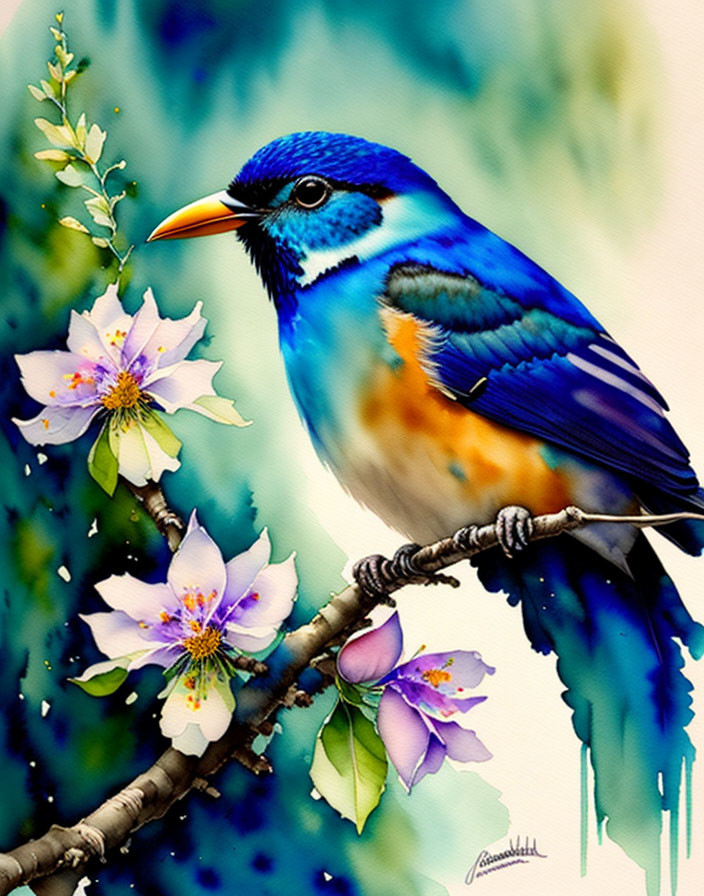 Colorful Bird Perched on Branch with Flowers in Watercolor Art