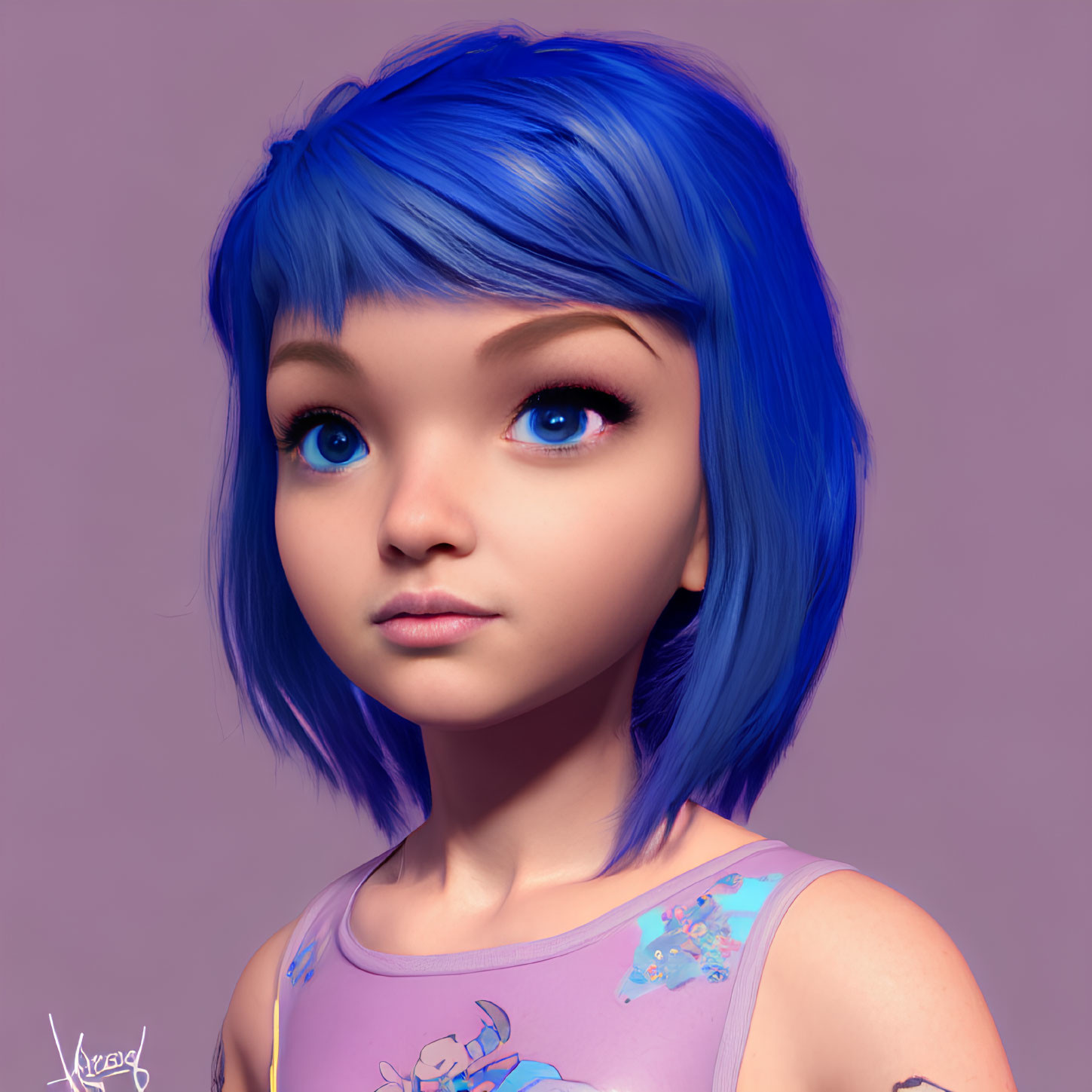 Vibrant blue hair and eyes on a girl in a purple tank top