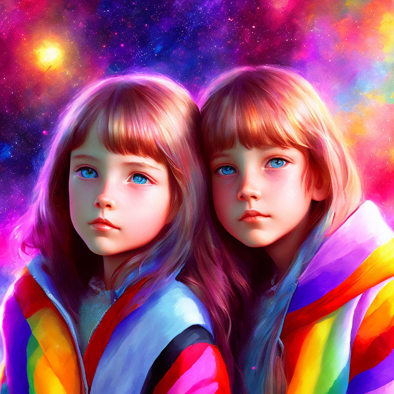 Twin girls digital art: blue eyes, shoulder-length hair, vibrant cosmic background, colorful striped hood