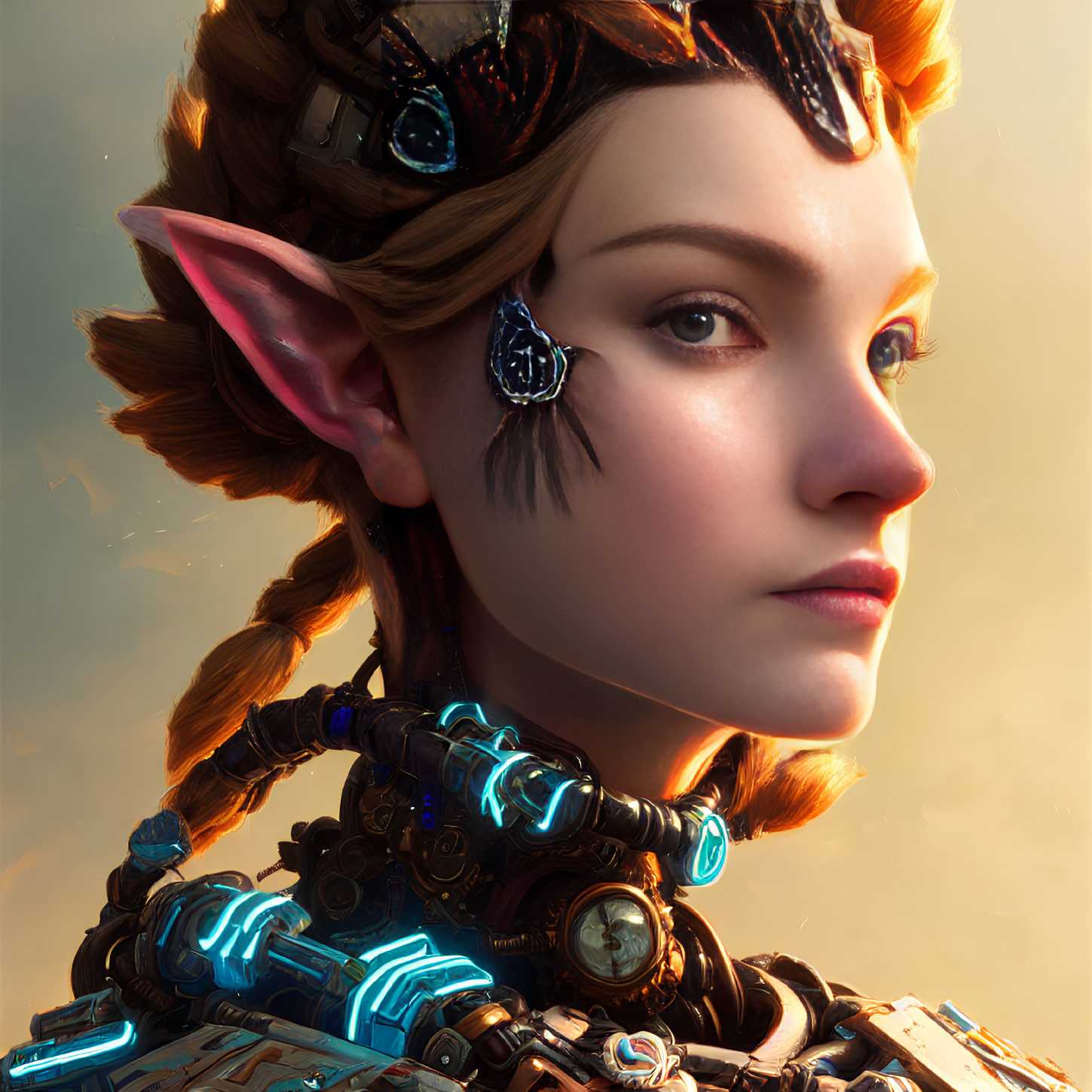 Female character with pointed ears in cybernetic armor and futuristic accessories on warm backlit background.