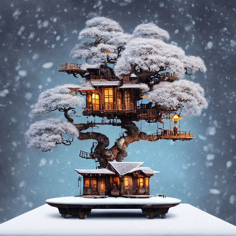 Miniature glowing treehouse in snow-covered bonsai tree