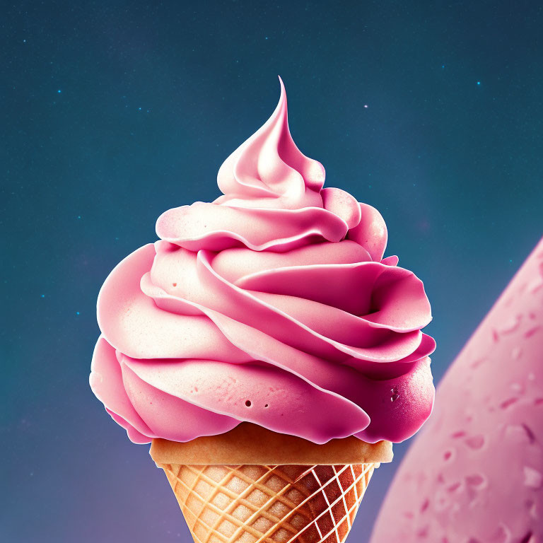Pink ice cream cone under starry night sky with pink surface