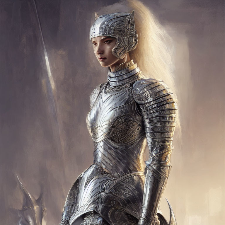 Medieval armored person in intricate helmet, contemplative pose