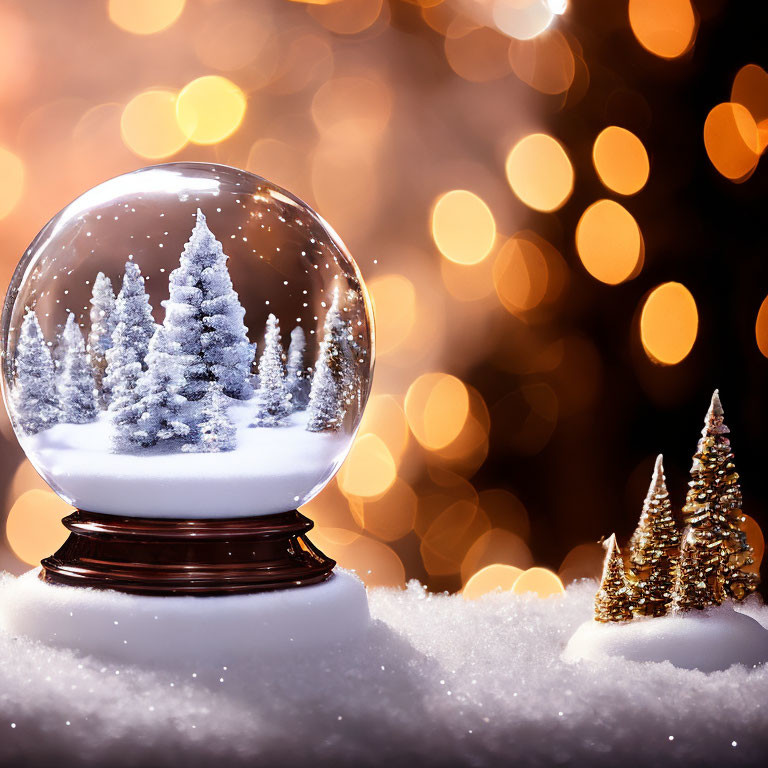 Winter Scene Snow Globe with Glowing Bokeh Lights