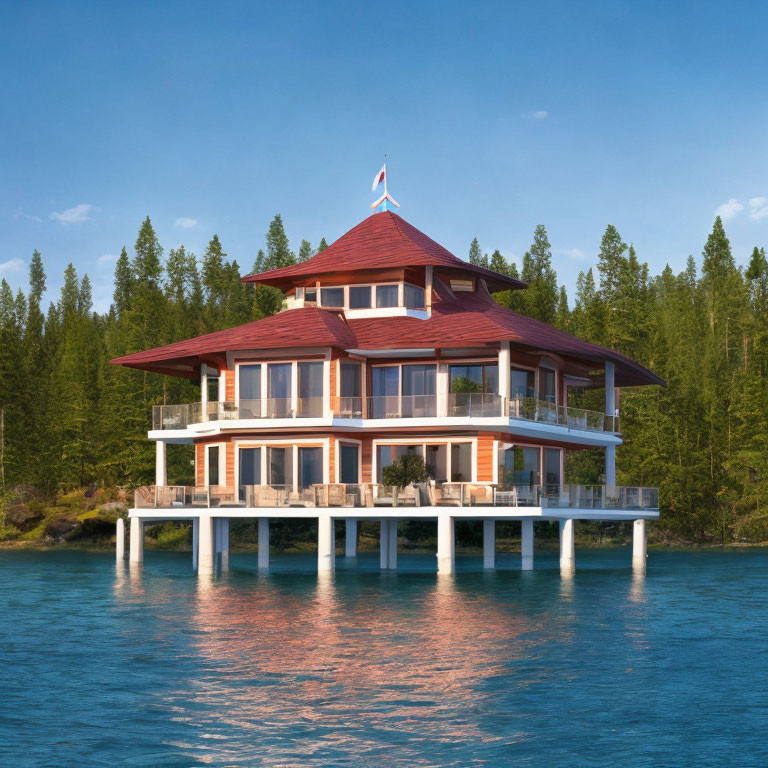Two-Story Waterfront House with Red Roof, Large Windows, and Balconies on Stil