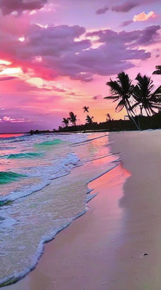 Tranquil sunset beach scene with pink and purple skies, turquoise waves, and silhouetted