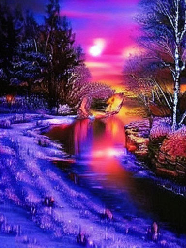 Vibrant Digital Artwork: Surreal Landscape with River and Pinkish-Purple Sky