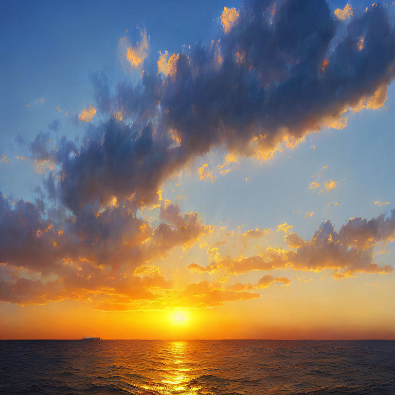 Scattered clouds over vibrant ocean sunset with ship on horizon