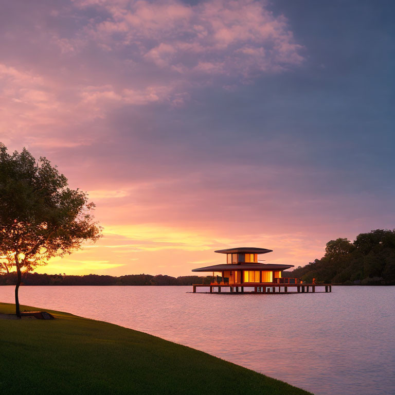 Tranquil lakeside pavilion at sunset with lush greenery & calm waters