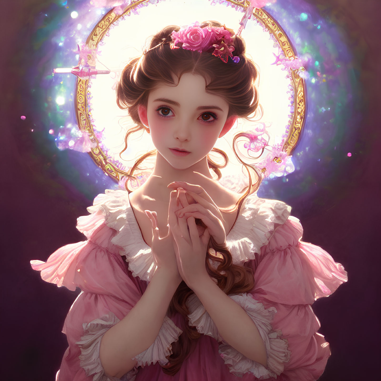 Digital art portrait of young woman in vintage pink dress with floral headpiece and golden halo.