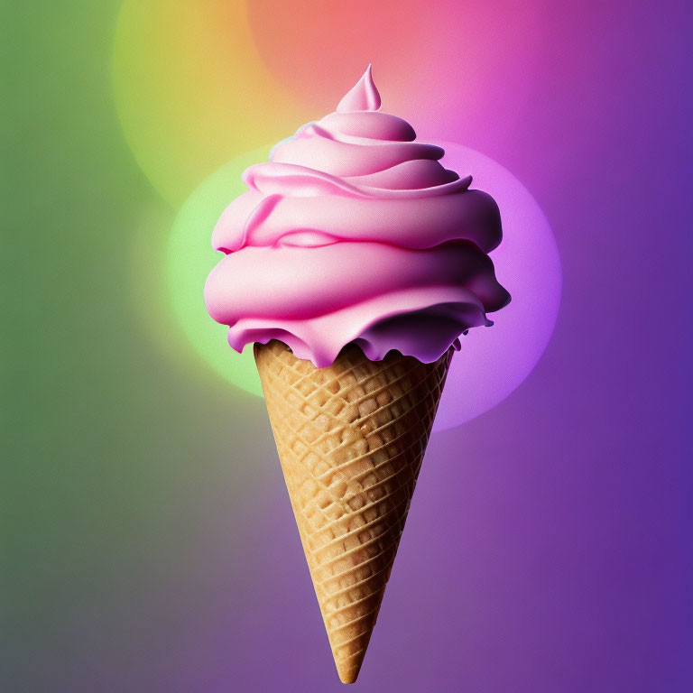 Pink soft serve ice cream cone on green, purple, pink gradient background