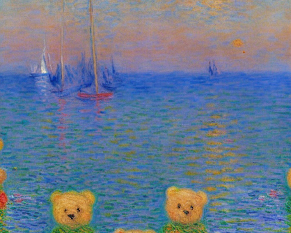 Impressionist-style seascape with teddy bear heads and boats at sunset